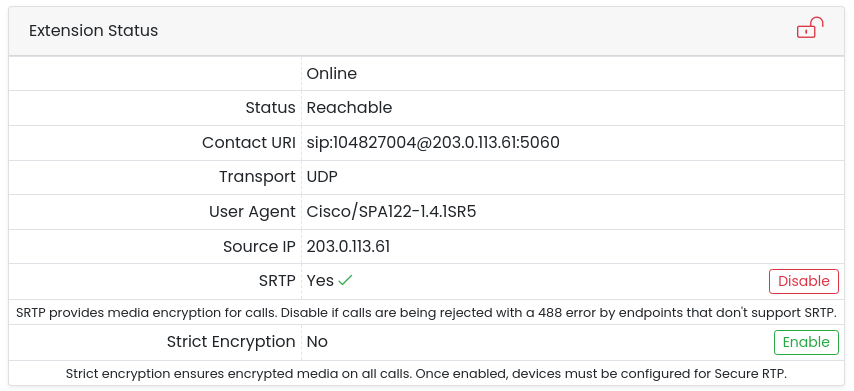 Portal Extension Status card showing the extension online with a Cisco SPA122 user agent