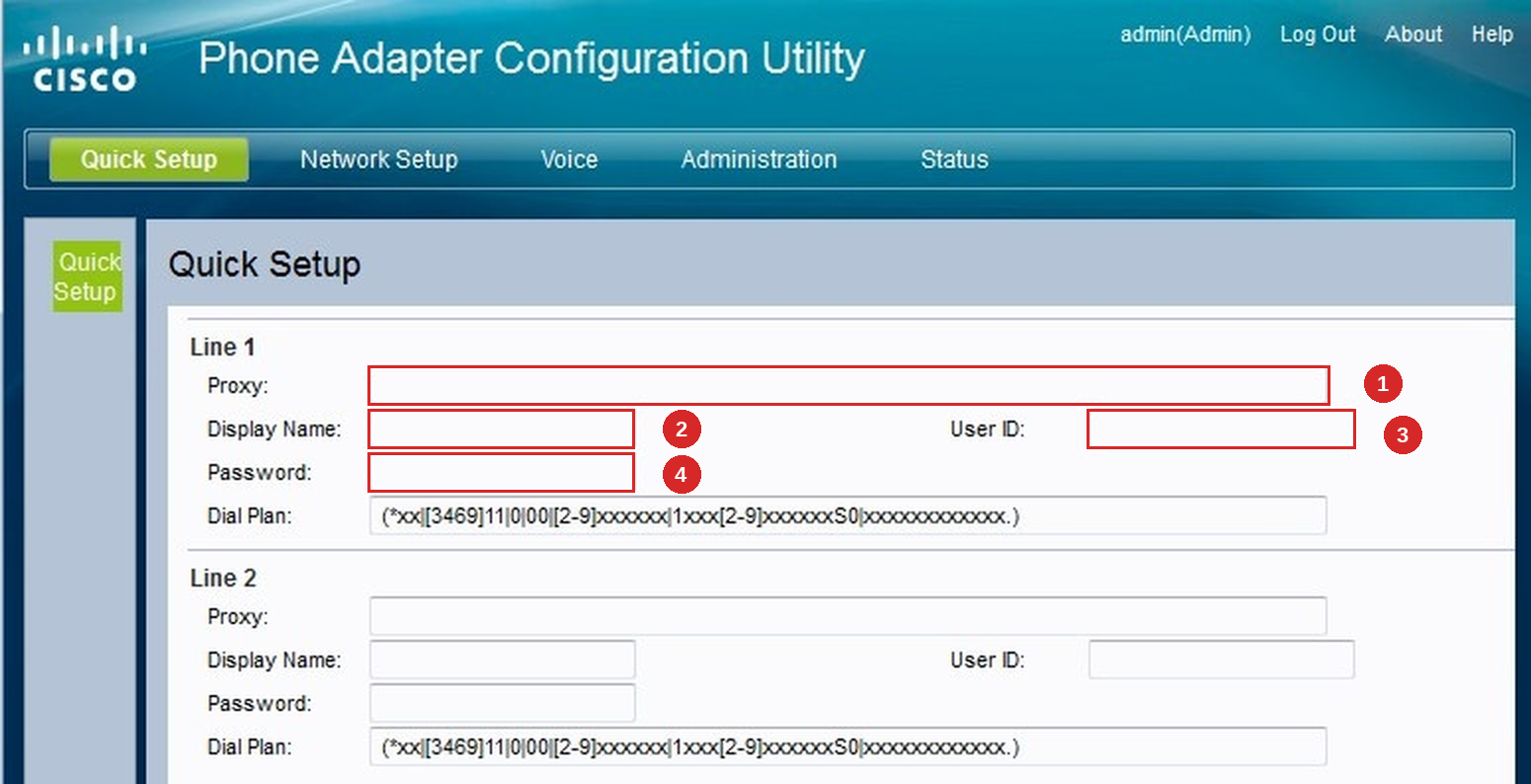 Quick Setup page with the four Line 1 fields numbered: Proxy, Display Name, User ID and Password
