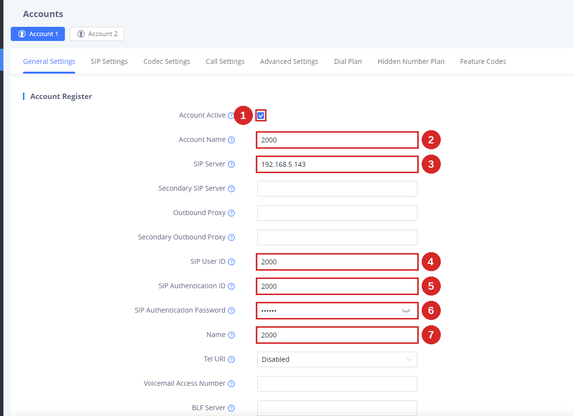 Account 1 General Settings page with the seven fields to fill in numbered