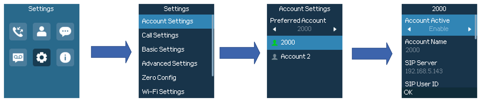 Handset menu path from Settings to Account Settings to the account's fields