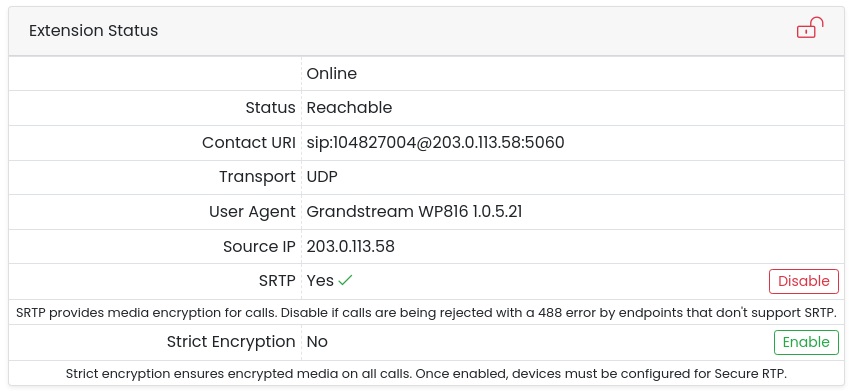Portal Extension Status card showing the extension online with a Grandstream WP816 user agent