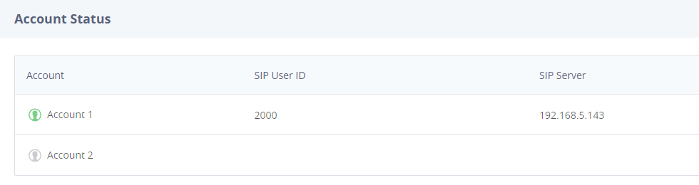 WP816 web interface Account Status page showing Account 1 registered with a green icon