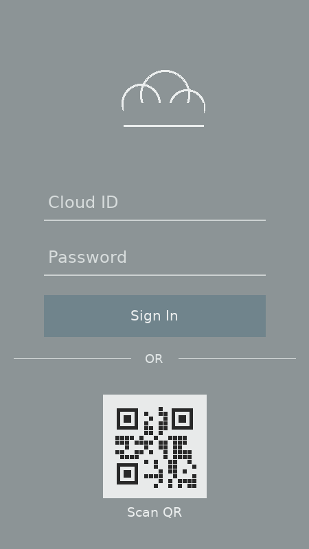 Cloud Softphone sign-in screen with Cloud ID and Password fields and the Scan QR tile