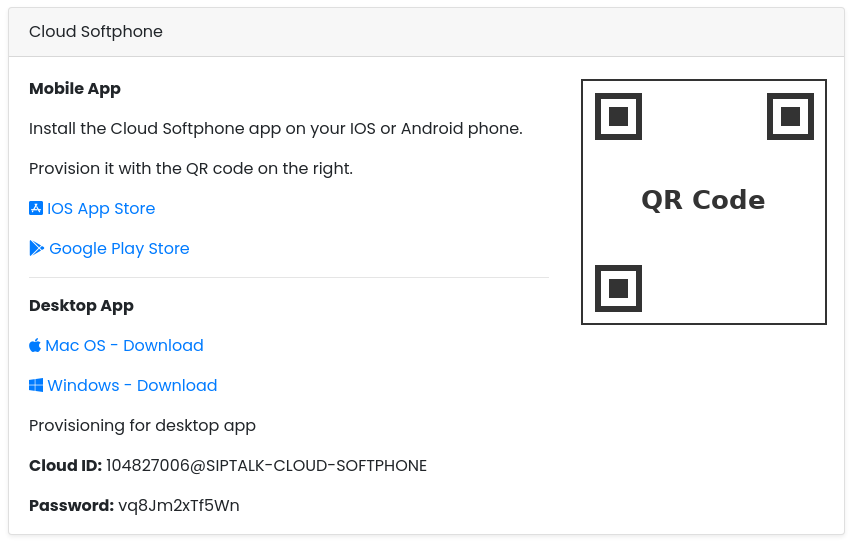 Cloud Softphone card with the provisioning QR code and desktop Cloud ID and password