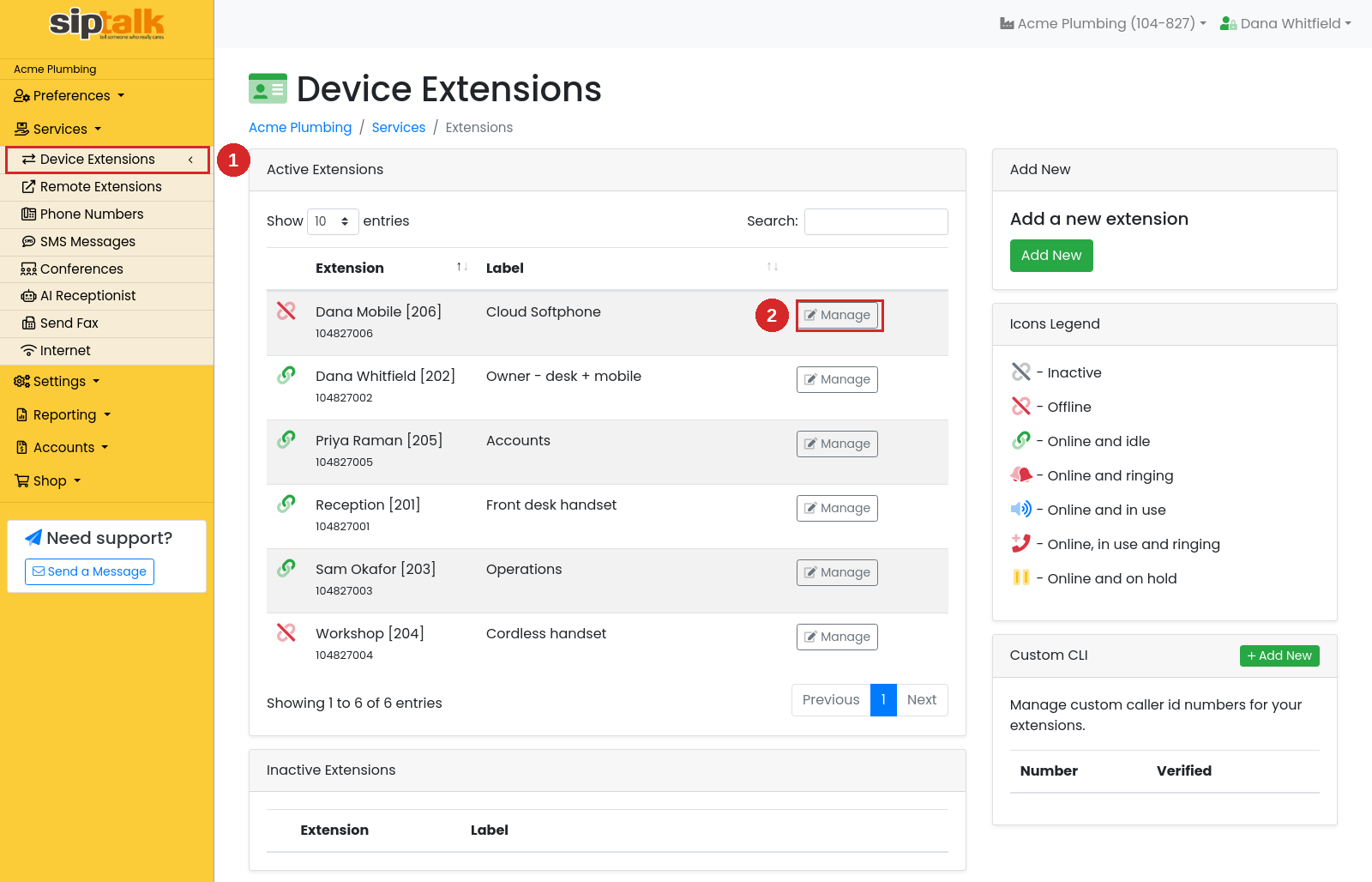 Device Extensions list with the Manage button highlighted on the softphone's extension