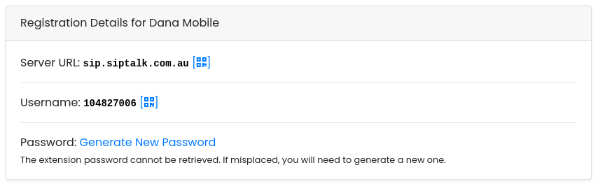 Registration Details card with the Generate New Password link