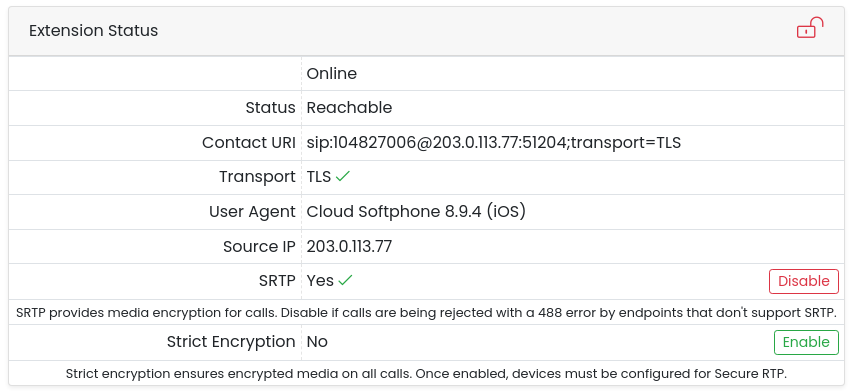 Extension Status card showing the extension online with Cloud Softphone as the user agent