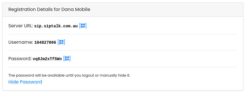 Registration Details card showing the Server URL, Username and a freshly generated Password