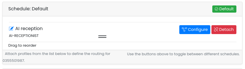 Default schedule with the AI reception profile attached