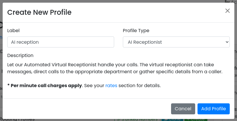 Create New Profile dialog with the label AI reception and profile type AI Receptionist