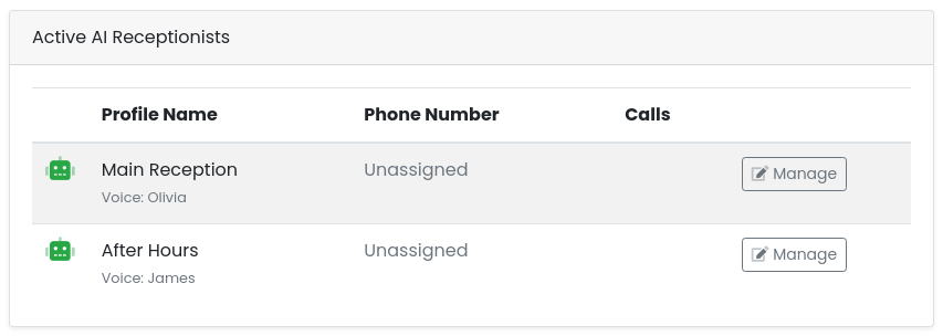 Active AI Receptionists list showing Main Reception and After Hours, both unassigned