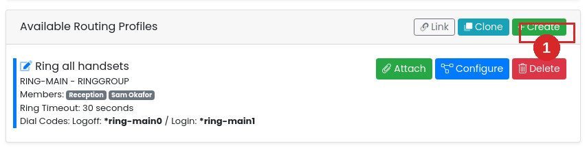 Available Routing Profiles panel with the Create button highlighted