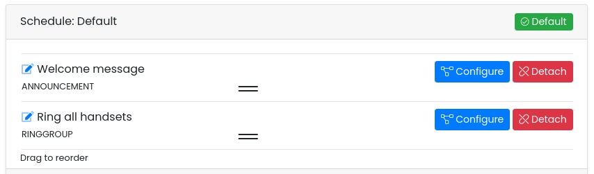 Default schedule with Welcome message first and Ring all handsets after it