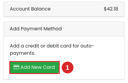 Account Balance and Add Payment Method cards with the Add New Card button highlighted