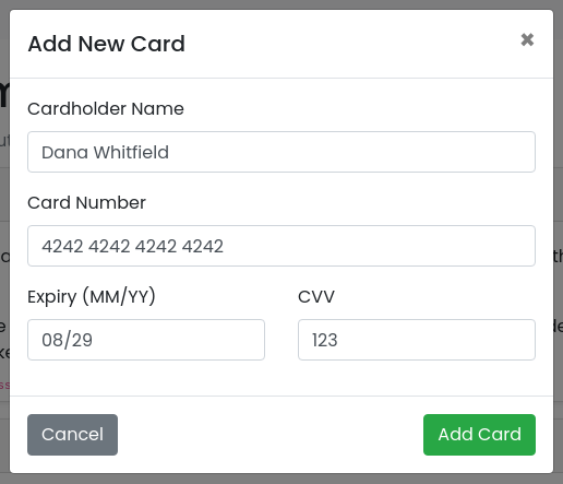 Add New Card dialog with cardholder name, card number, expiry and CVV