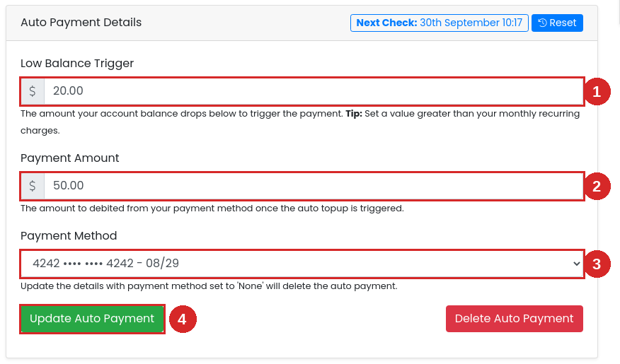 Auto Payment Details with the trigger, amount, card and Update button numbered
