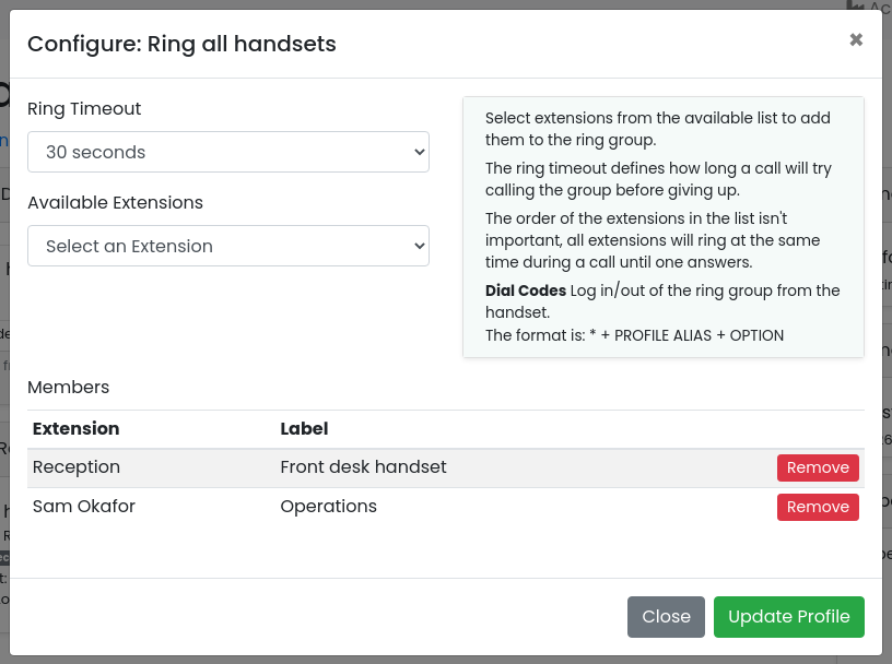 Configure dialog for the ring group showing the ring timeout, the Available Extensions list and two current members