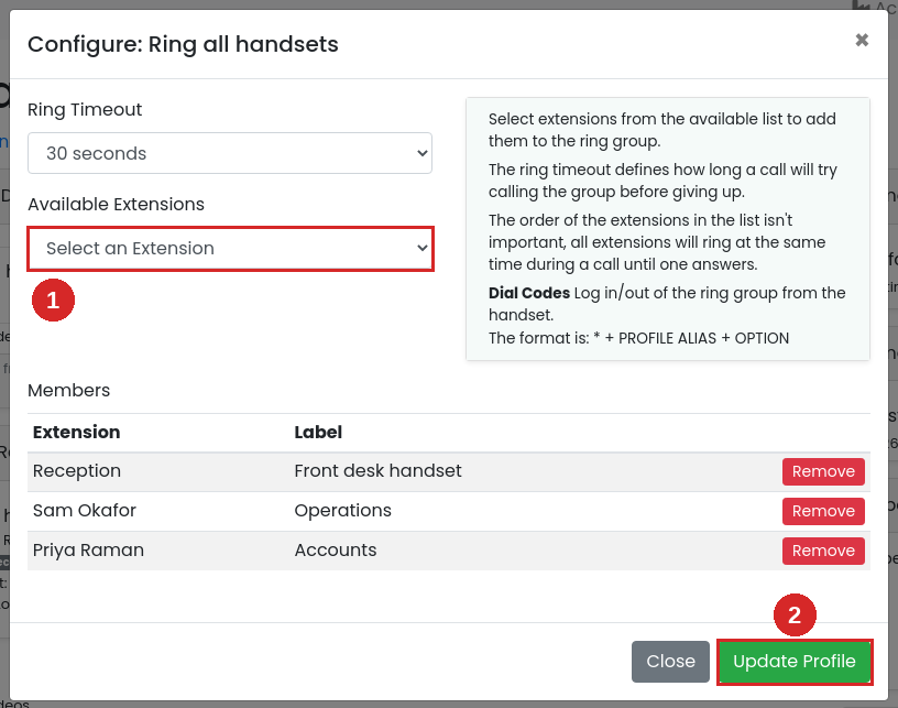 Configure dialog with Priya Raman added to the Members table, and the Update Profile button highlighted