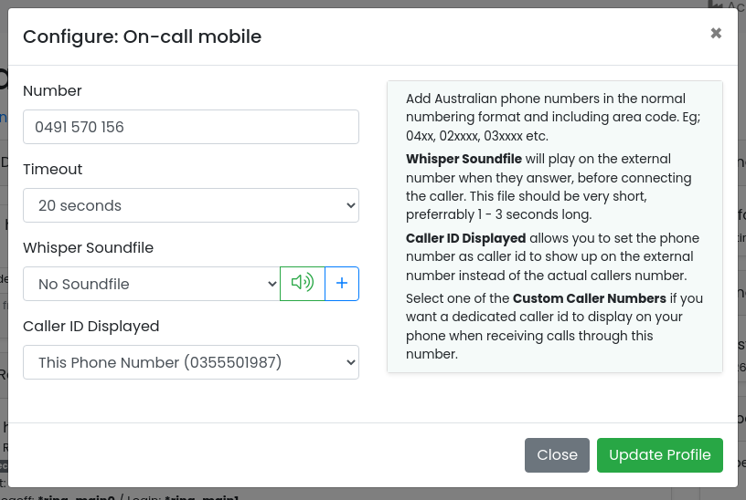Configure dialog for the external number profile showing Number, Timeout, Whisper Soundfile and Caller ID Displayed