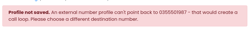 Portal notice: an external number profile can't point back to the number it's configured on