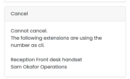 Cancel card blocked because extensions use the number as CLI