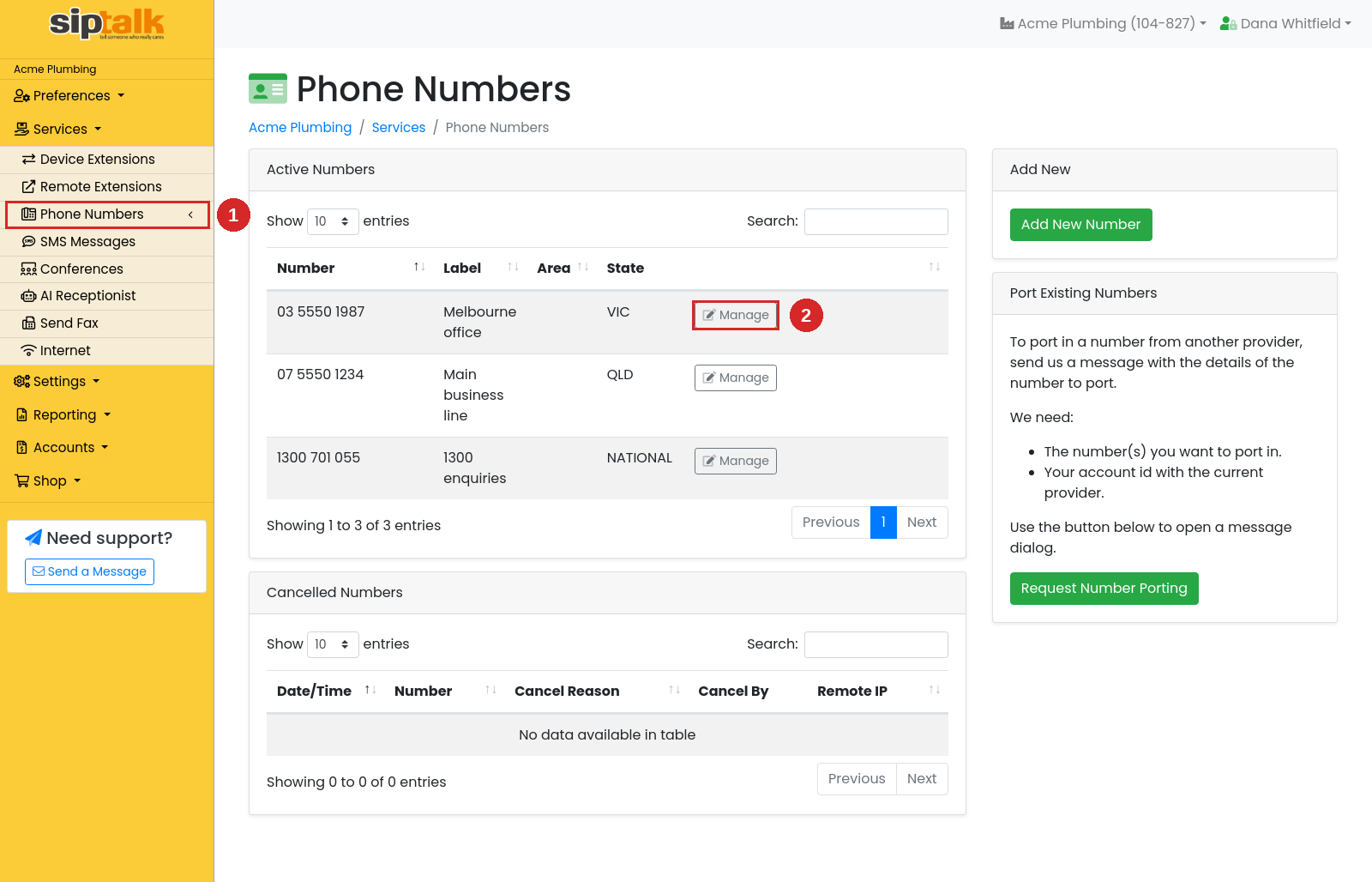Phone Numbers list with the Manage button highlighted