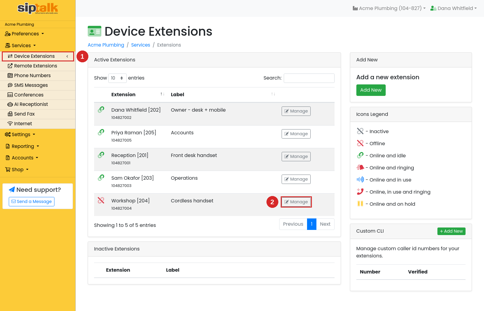 Device Extensions list with the Manage button highlighted