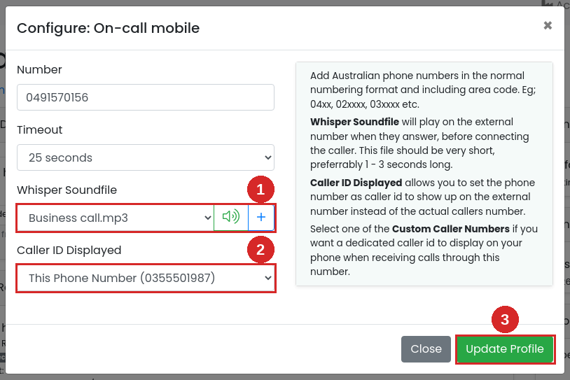 Configure dialog for On-call mobile with Whisper Soundfile Business call and Caller ID Displayed This Phone Number