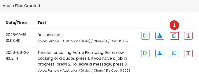 Audio Files Created list with the Business call file at the top and its copy button highlighted