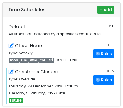 Time Schedules card showing the Christmas Closure override with its dates and a Future badge