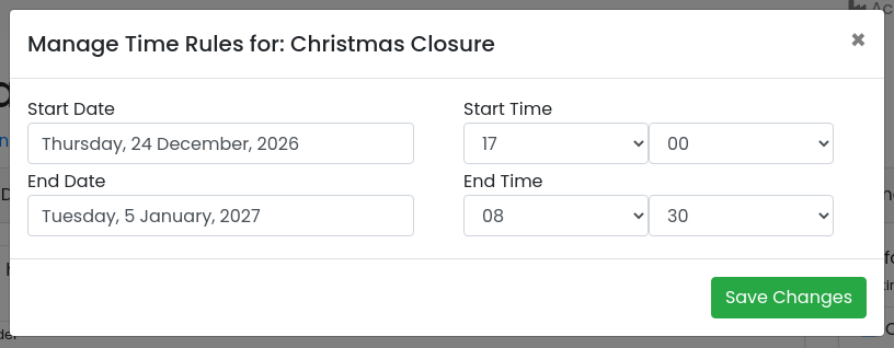Manage Time Rules dialog for Christmas Closure, starting Thursday 24 December 2026 at 17:00 and ending Tuesday 5 January 2027 at 08:30