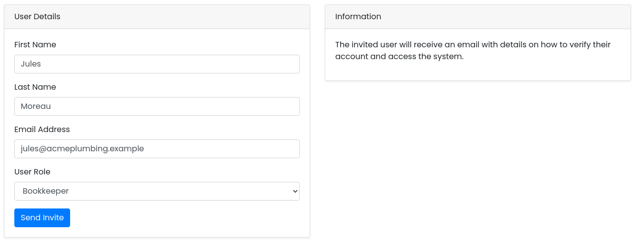 Invite User form with name, email and the Bookkeeper role selected