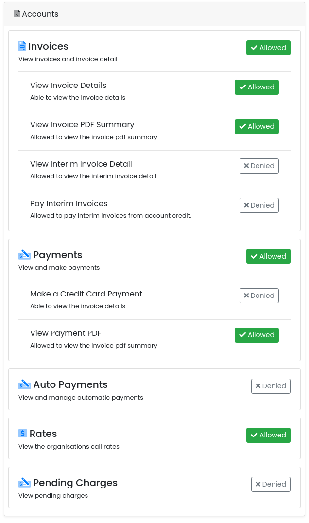 The Accounts section of the role editor with Invoices, Payments and Rates allowed