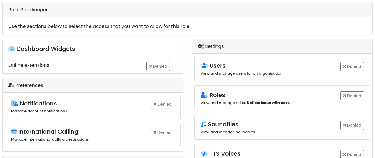 The role editor showing Dashboard, Preferences, Services and Settings sections with every item Denied