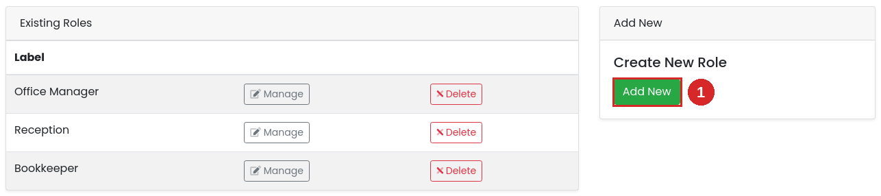 Roles page listing existing roles with the Add New button highlighted