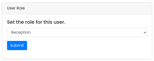 A user's page with the User Role selector and Submit button