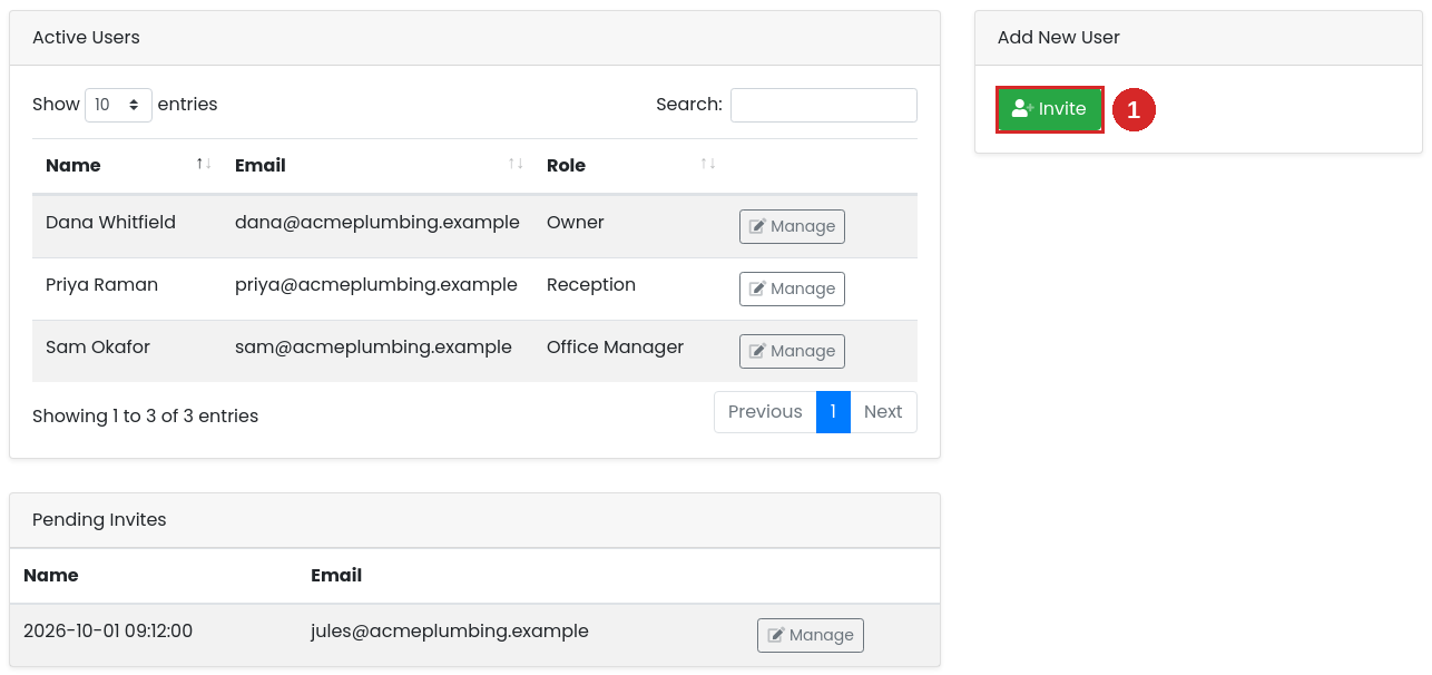 Users page with active users, a pending invite, and the Invite button highlighted