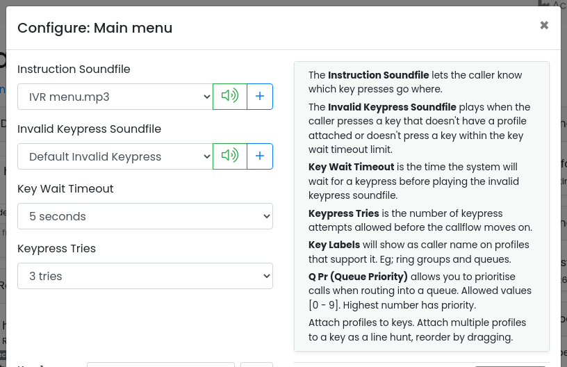 The top of the IVR configure dialog: instruction and invalid keypress sound files, key wait timeout and keypress tries, with the tips panel
