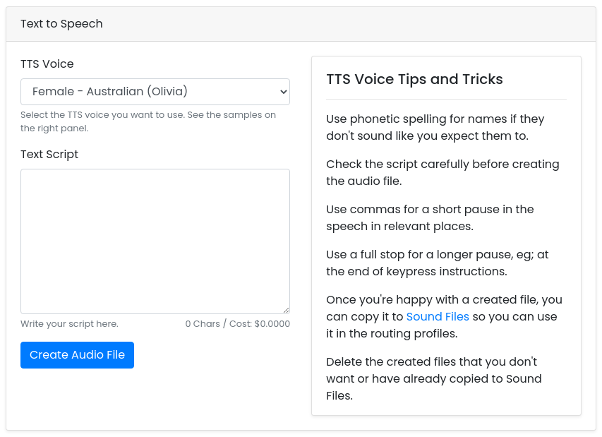 TTS Voices page with the voice selector, script box and tips