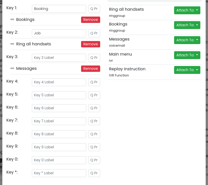 IVR keys with the Bookings ring group attached to key 1