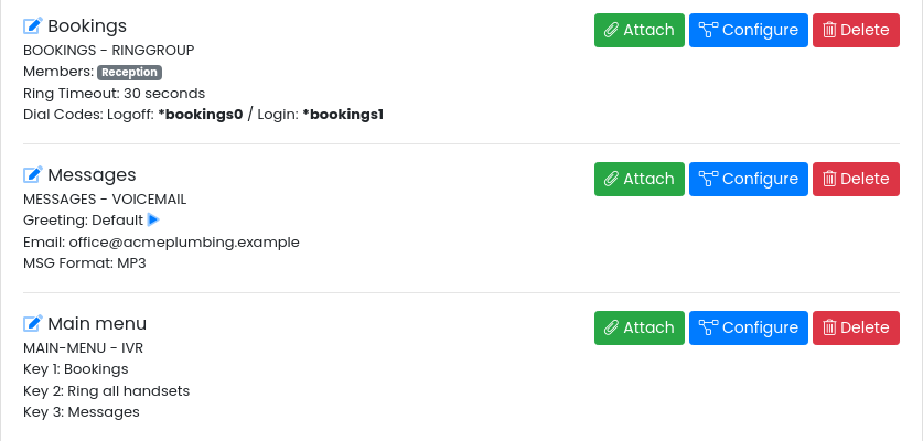 Available Routing Profiles showing the Bookings ring group with one member, the Messages voicemail profile and the Main menu IVR