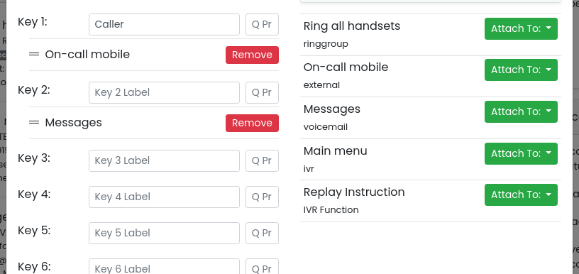 IVR keys with the On-call mobile external profile attached to key 1 and Messages voicemail to key 2