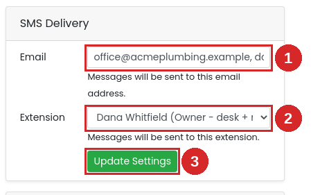 SMS Delivery card with the Email field, Extension selector and Update Settings button numbered