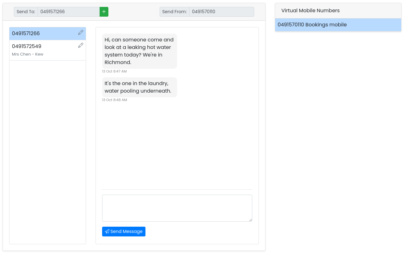 SMS Messages centre with the virtual mobile number selected, a list of contacts and an open conversation