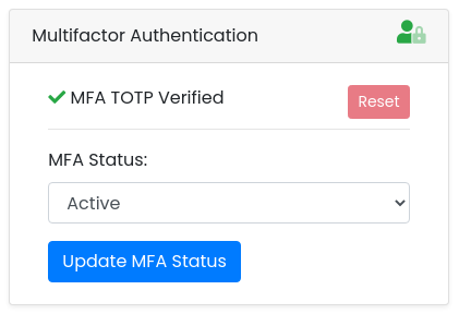 The MFA card with a green padlock and MFA Status Active