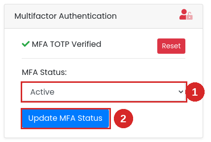 The verified MFA card with MFA Status set to Active and the Update MFA Status button numbered
