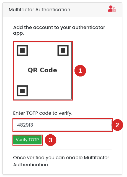 The Multifactor Authentication card with the QR code, the code box and the Verify TOTP button numbered