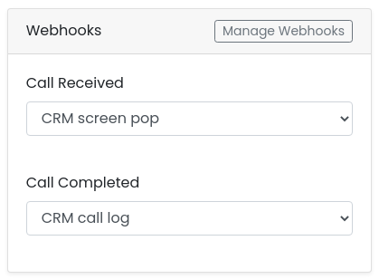 The Webhooks card on a number's page with a Call Received and a Call Completed webhook selected