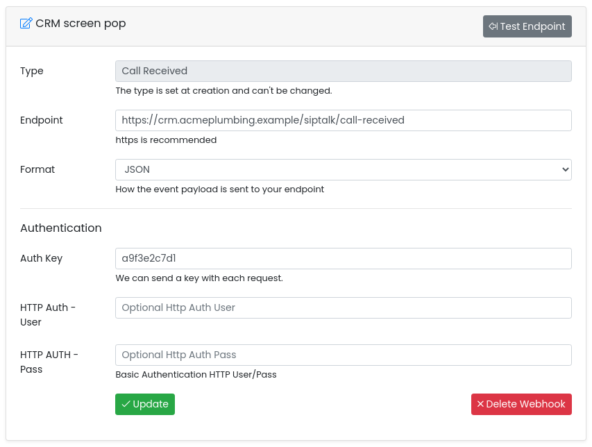 A Call Received webhook's settings: endpoint, format, auth key and HTTP auth fields