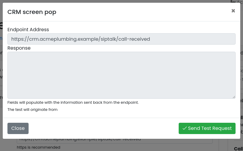 Test Endpoint dialog showing the endpoint address and a response box